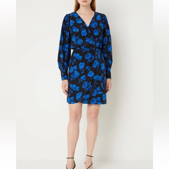 The Kooples Silk Wrap Dress NWT | Size small | Black & Blue Floral - Picture 2 of 14